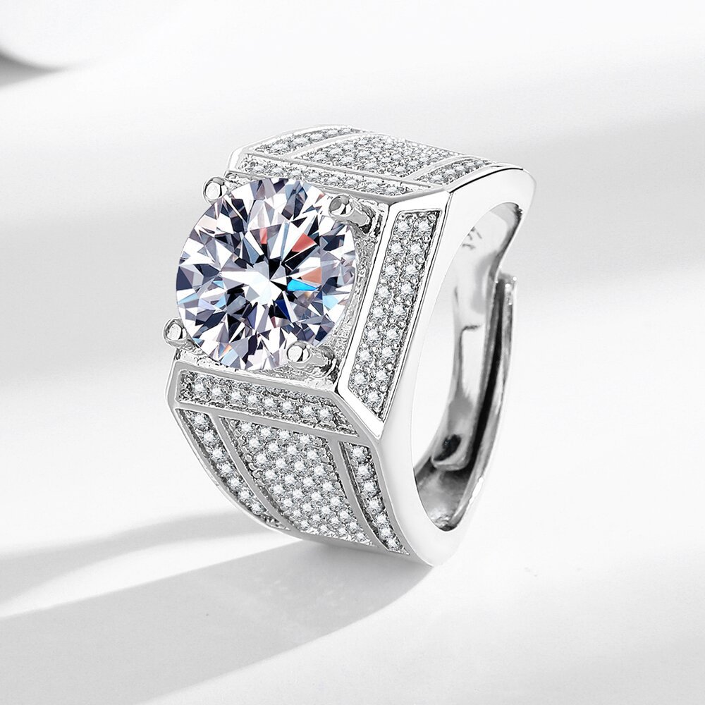 欧美跨境直播流行五克拉仿莫桑石男士钻戒婚礼求婚戒指男指环批发