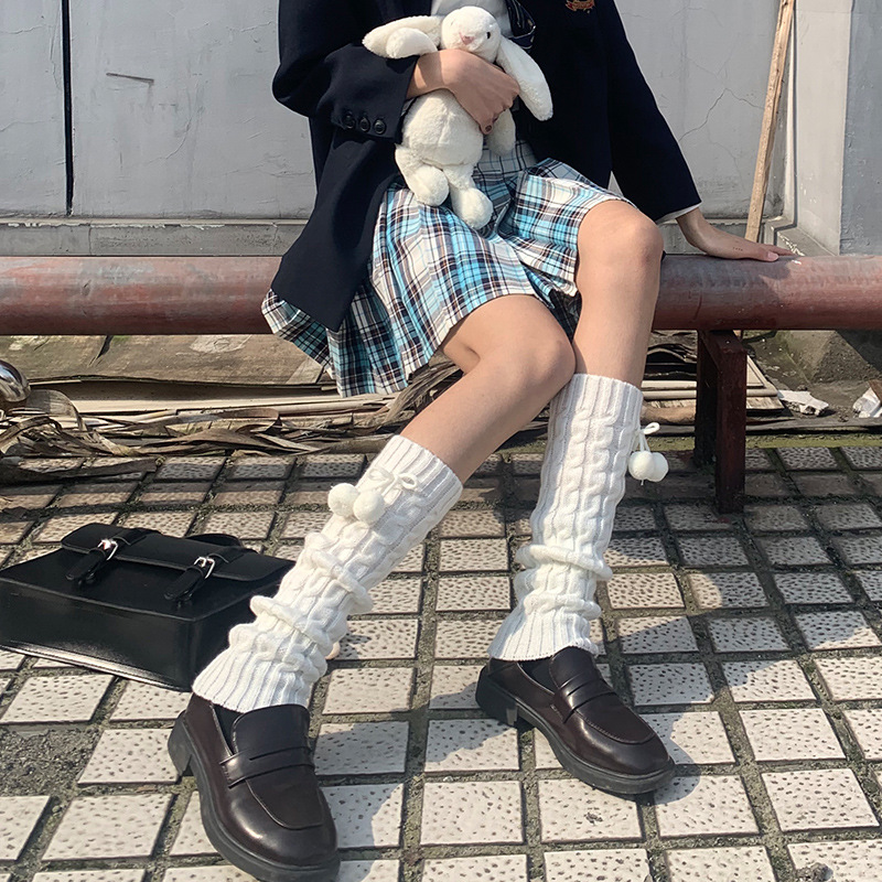 白色毛球袜套纯色堆堆袜瘦腿jk日系腿套韩版学生百搭lolita秋冬厚