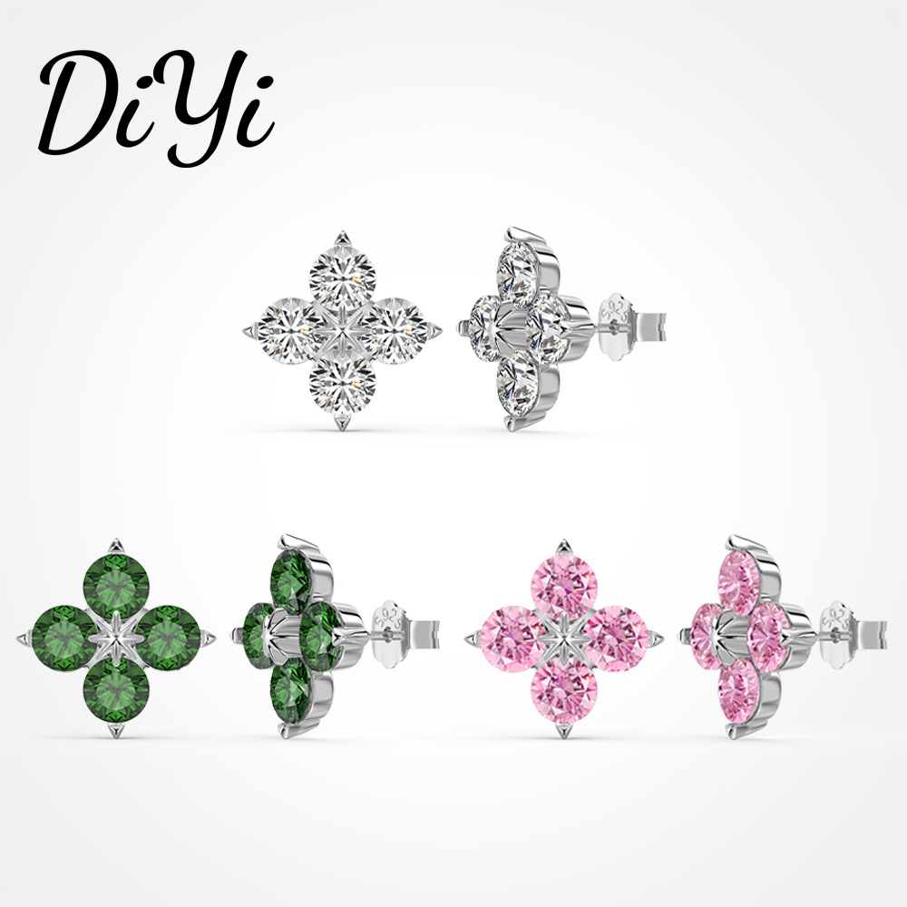 韩版新款跨境s925纯银耳钉女幸运四叶草锆石镶嵌时尚八角星耳饰女