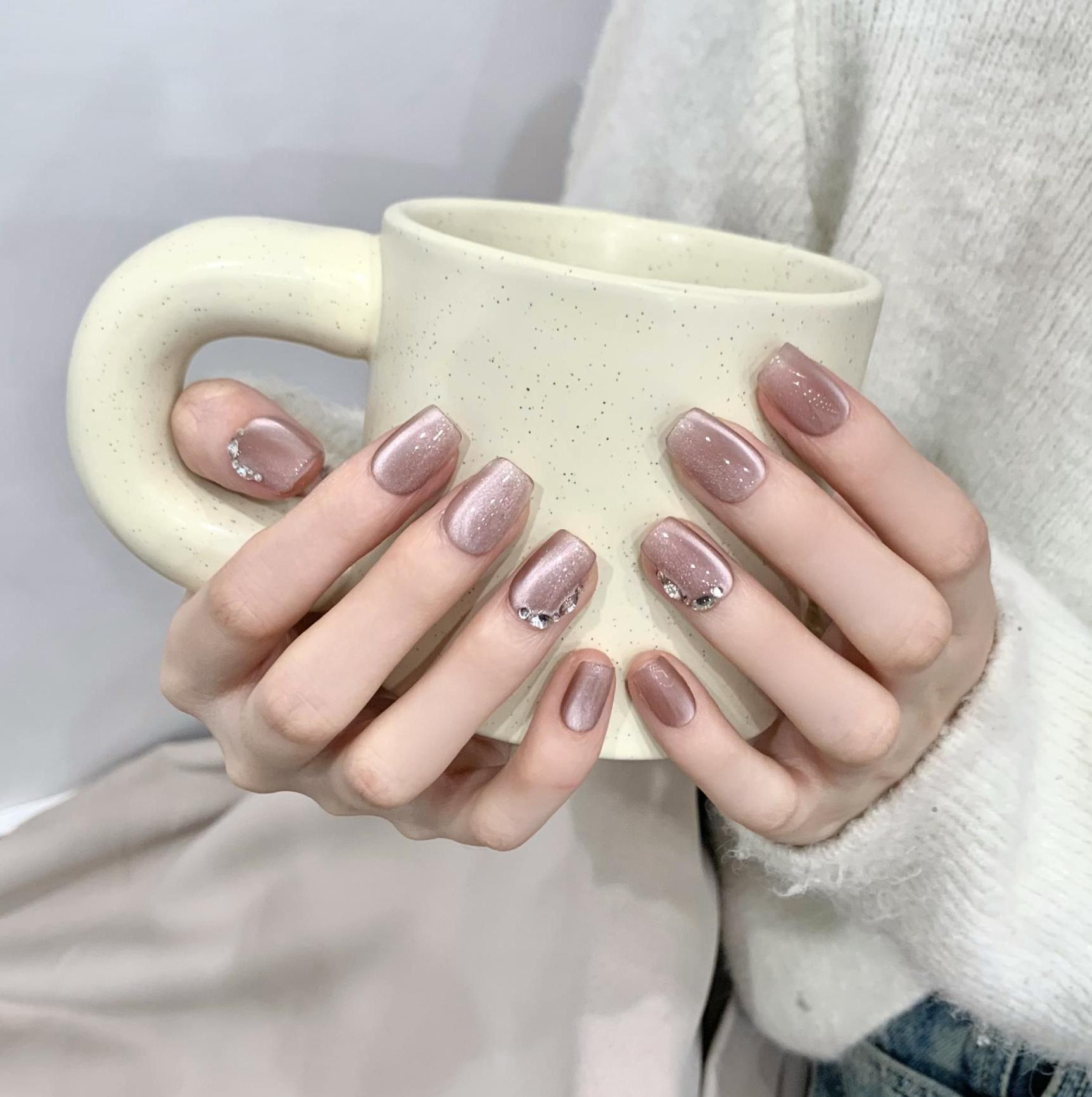 穿戴甲手作短款光疗手工穿戴甲温柔豆沙粉晶石猫眼指甲片分码10片