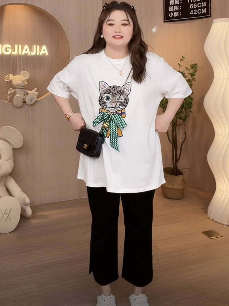 胖佳佳大码女装短袖t恤春季胖mm猫咪印花设计感百搭宽松显瘦上衣