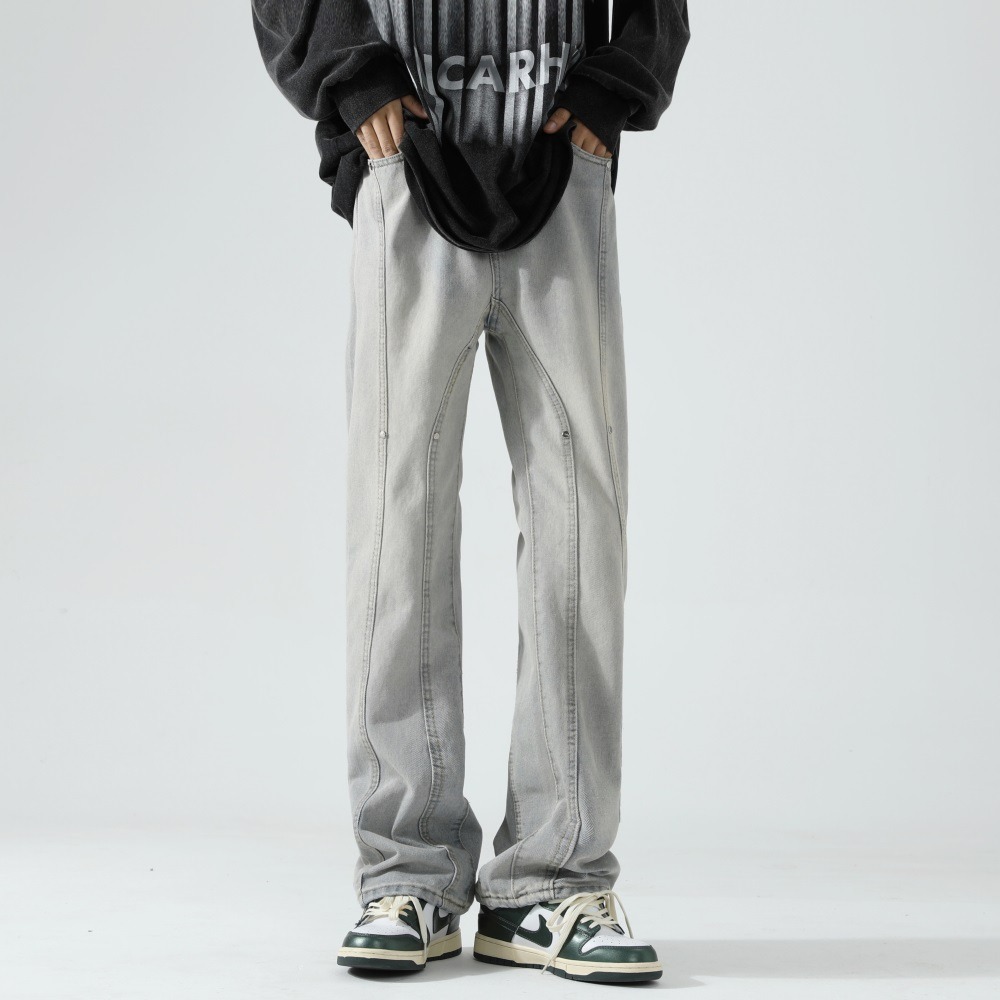 嘻哈vibe风铆钉美式牛仔裤男ins潮高街宽松拼接设计小众直筒裤子