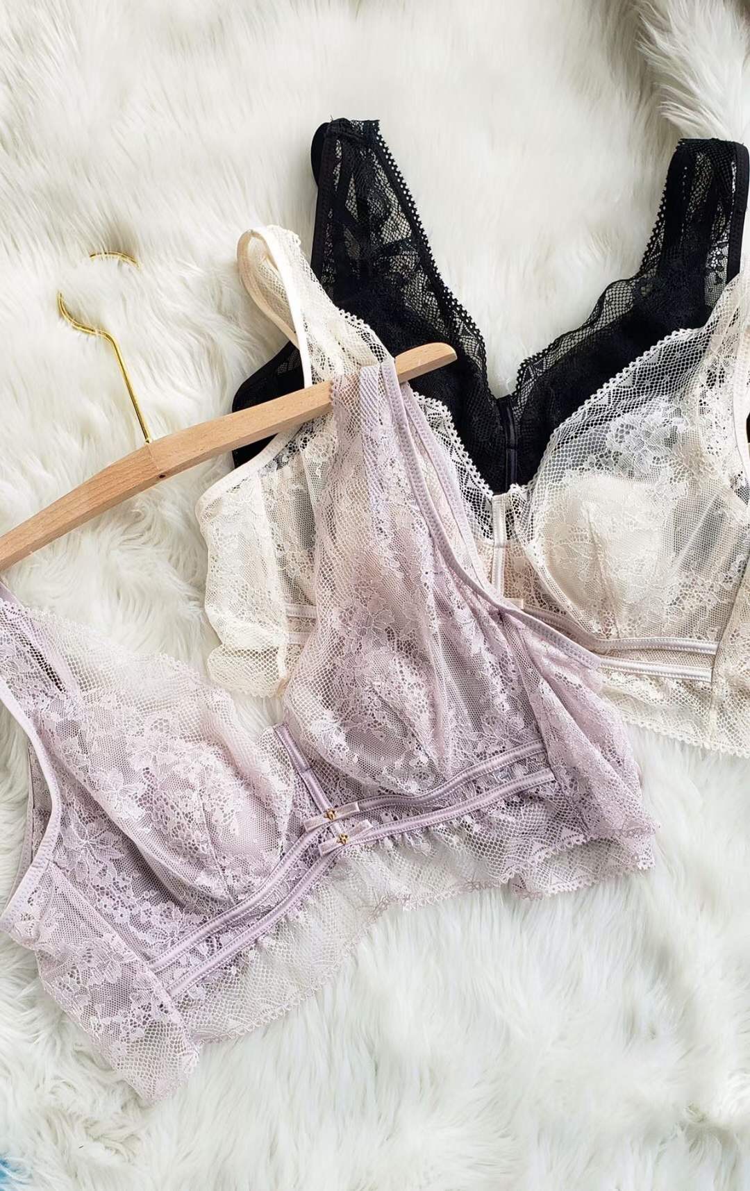 高端专柜新款薄杯水晶杯内衣无海棉性感蕾丝聚拢收副乳文胸套装