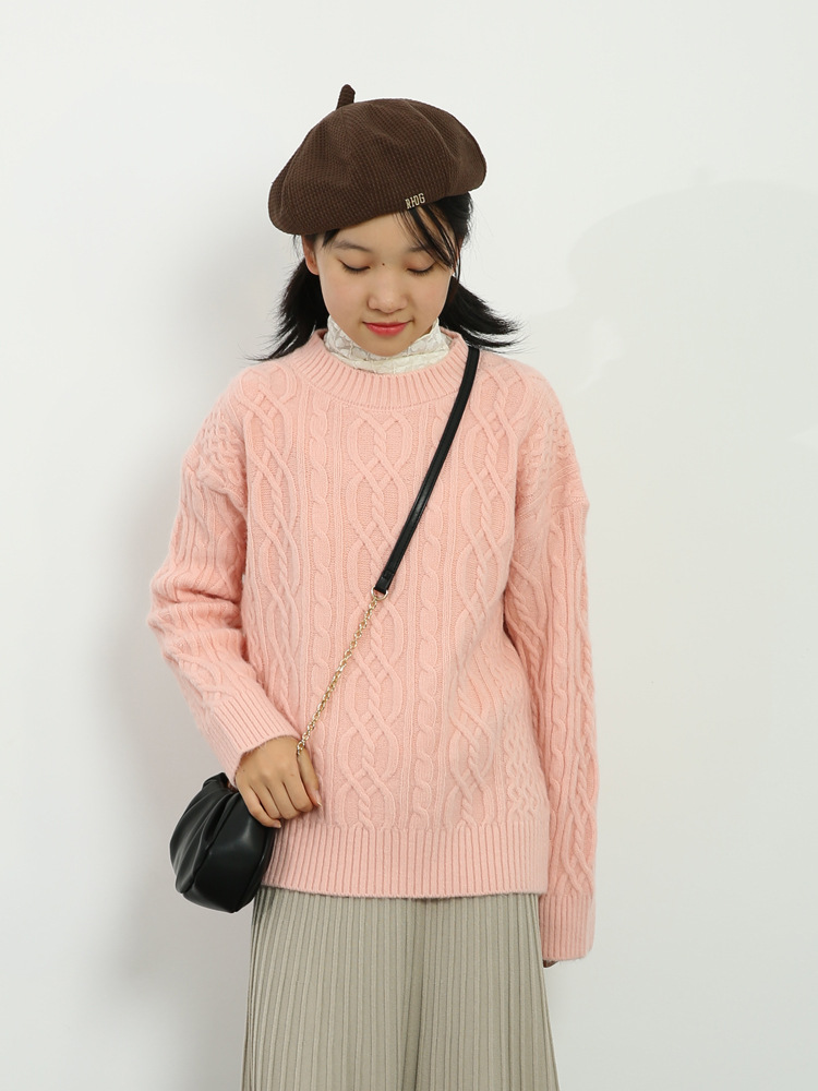 2021新款圆领八字勾花新款套头毛衣宽松针织上衣9301