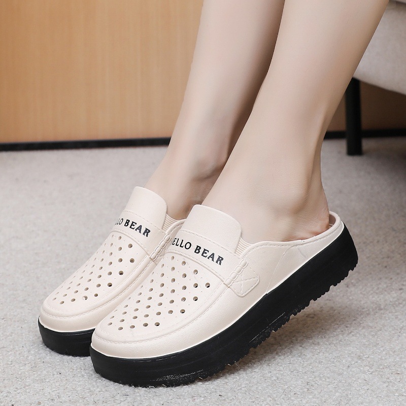 厚底拖鞋中年妈妈包头日常外穿防滑中跟洞洞鞋居家女士拖镂空设计