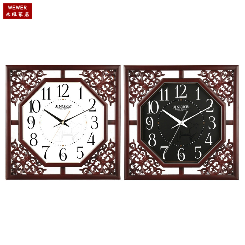 Jingke Antique Wall Clock Mute Scanning Square Carved Chinese Style Factory Direct Sales Wholesale