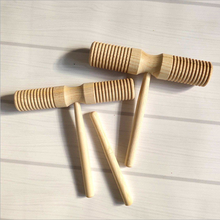 木制双响筒 奥尔夫打击乐器 带沟螺纹双响筒幼儿园早教音乐玩具