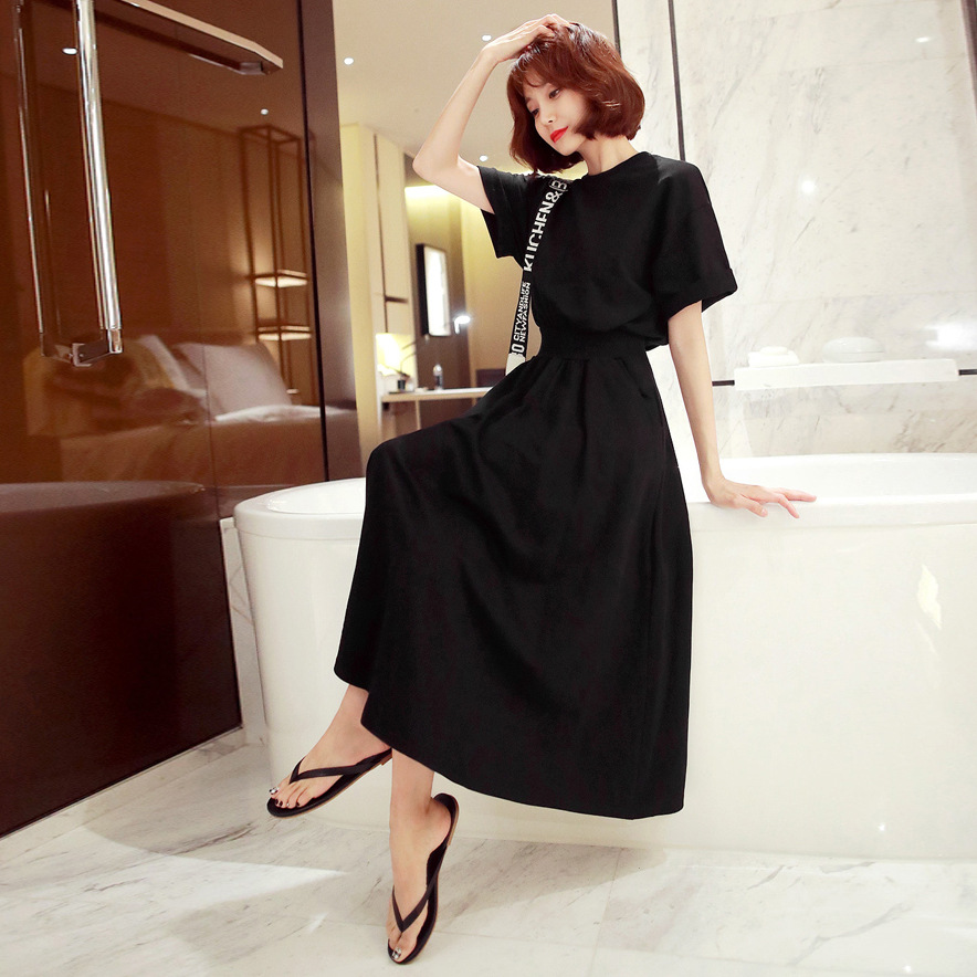 Women's Korean-Style Short-Sleeved Dress 2023 New Summer Large Skirt Loose Slimming Fitted Waist High Waist round Neck Dress