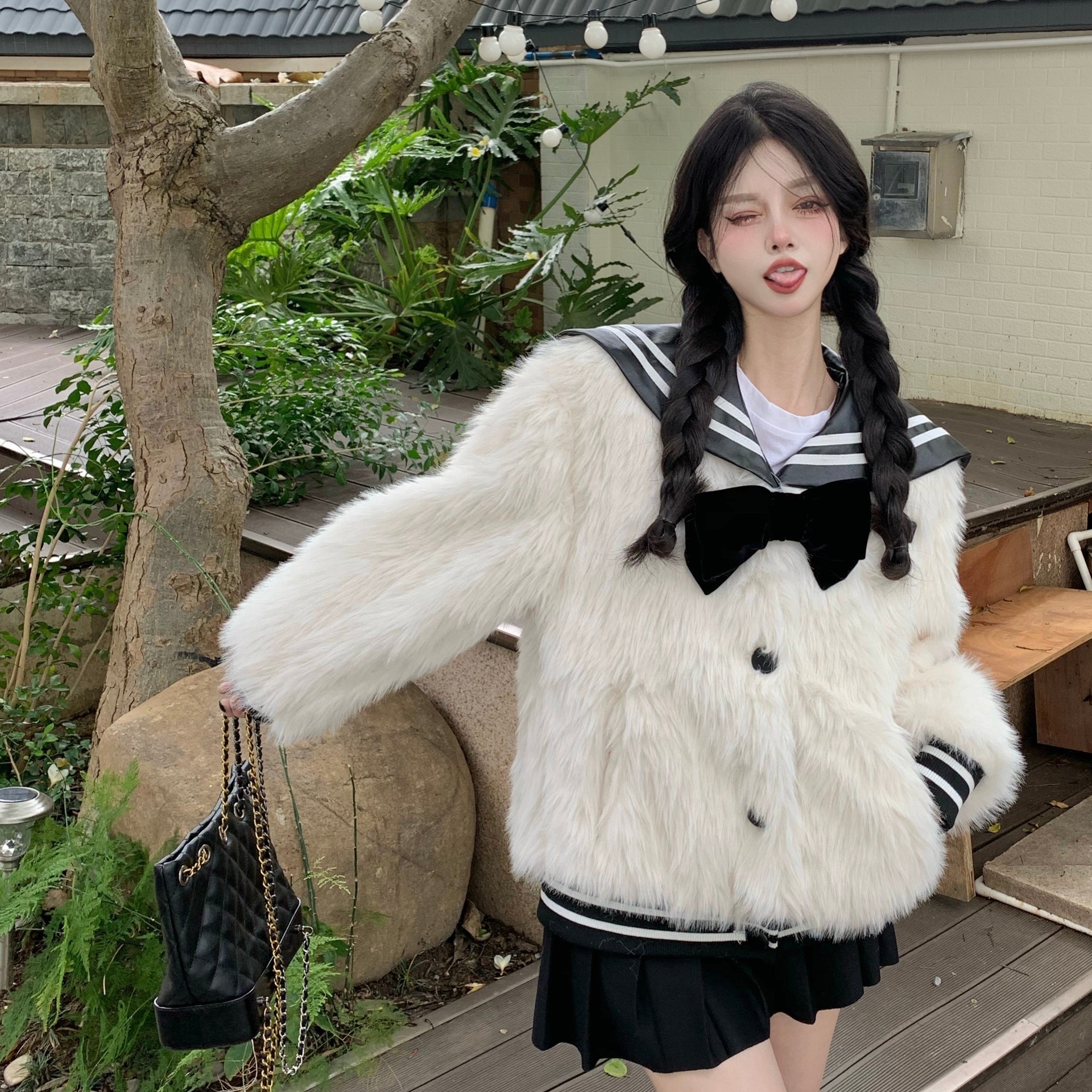 皮草短外套女小个子海军领宽松蝴蝶结白色百搭上衣秋冬2021年新款