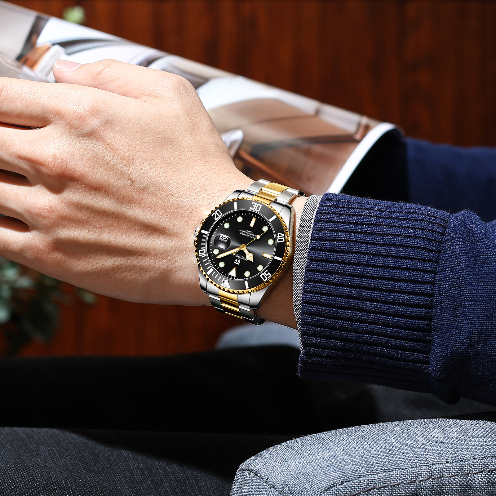 博仕顿外贸劳力家夜光防水绿水鬼手表男士石英男表实心钢带超低价