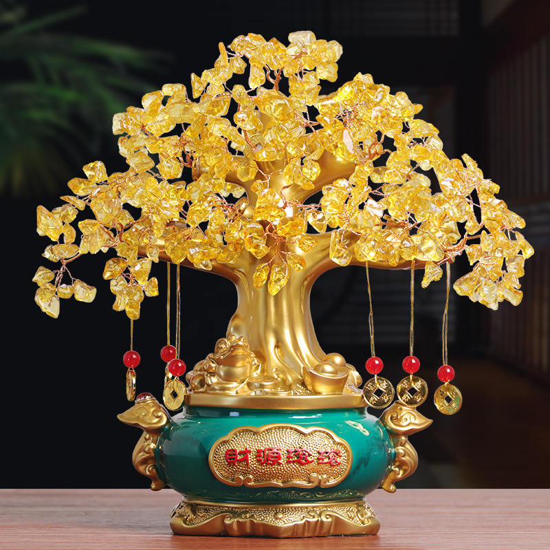 发财树摆件招财黄水晶摇钱树开业礼品聚宝盆办公室店铺酒柜装饰品