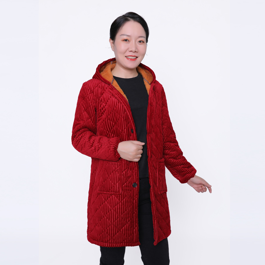 外穿罩衣女餐厅中长款时尚女士户外工地干活三层夹棉妈妈罩衫连帽