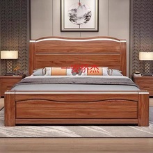 YJ中式实木床1.8米双人床主卧加厚加粗1米5胡桃色1.2米储物高箱大