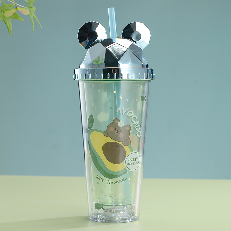 Creative New Cartoon Double Plastic Straw Cup Mickey Headwear Sequins with Lights Student Portable Summer Cute Water Cup
