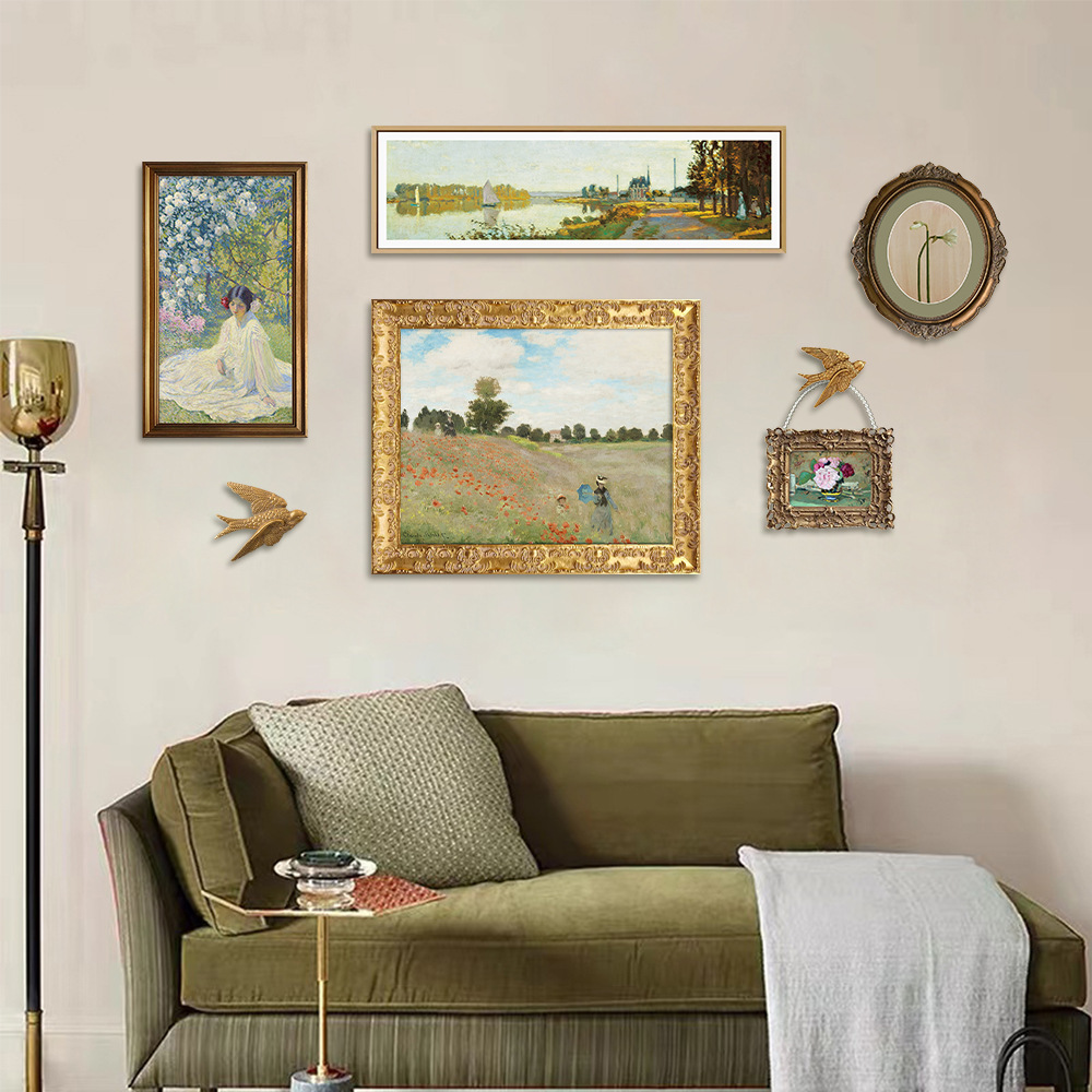 法式轻奢复古客厅装饰画美式沙发背景墙挂画餐厅莫奈风景壁画组合