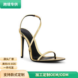 亚马逊跨境专供时尚一字带欧美简约凉鞋金色细跟绑带外贸女鞋高跟