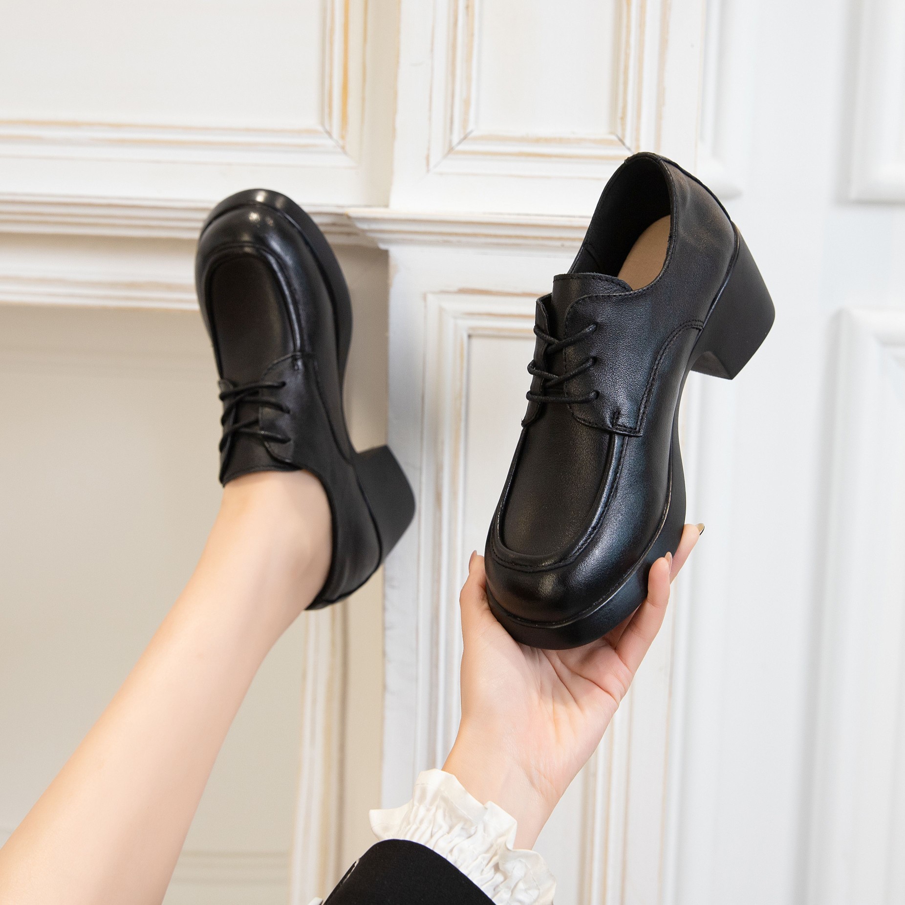 英伦风厚底小皮鞋女真皮2022新款春秋季复古擦色高跟粗跟增高单鞋