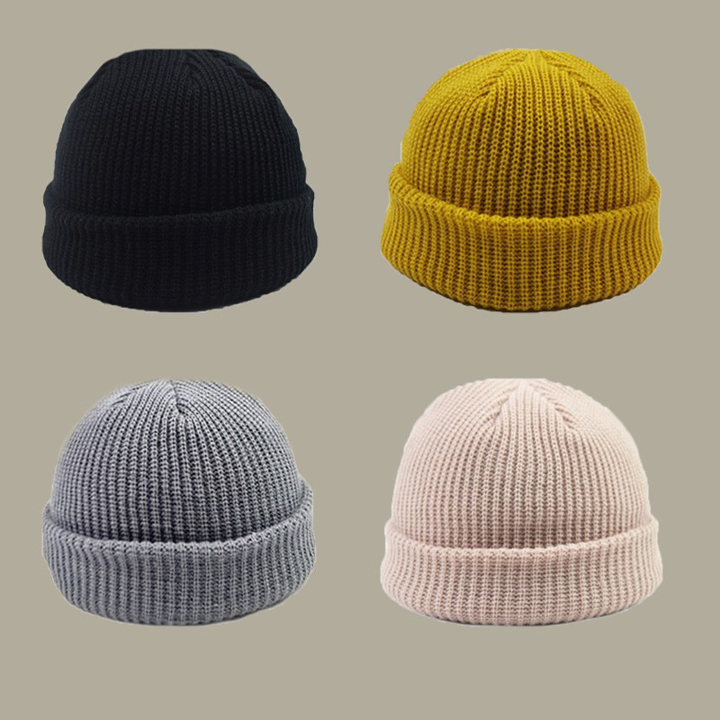 新款秋冬季保暖毛线帽男女士纯色复古圆顶嘻哈冷帽冬天针织瓜皮帽