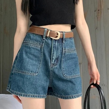 高腰牛仔短裤女夏季新款韩版显瘦时尚设计感水洗口袋阔腿a字热裤