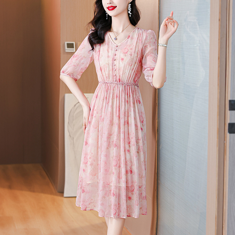 专柜2024新款时尚流行女裙子真丝连衣裙桑蚕丝女夏印花显瘦长裙子
