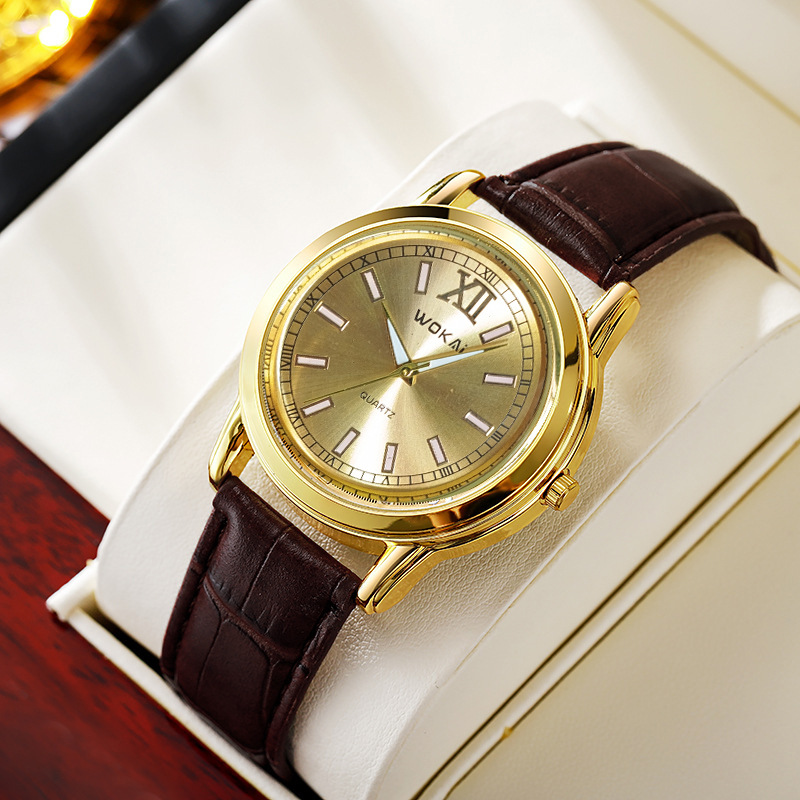 2024新款沃凯男表石英手表品牌商务休闲金色皮带跨境外贸批发代发