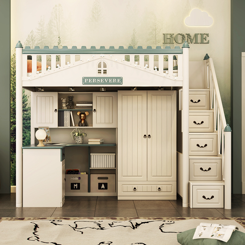 儿童床书桌床一体双层高低小户型上下床带衣柜上床下桌上下铺大人