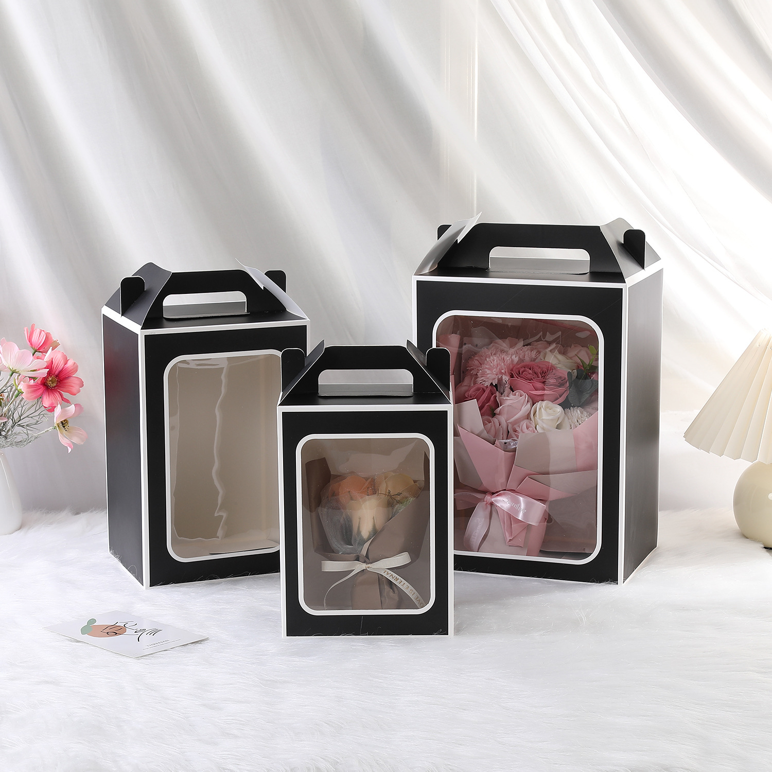 New White Card Portable Gift Box Transparent Packaging Gift Box Window Gift Box Flower Hand Basket