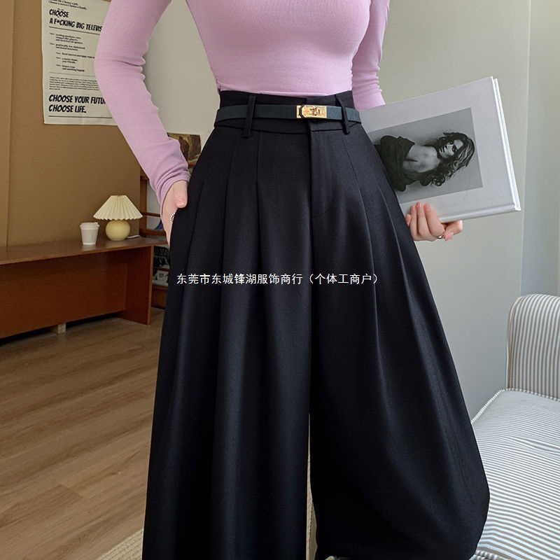 2025秋款老钱风阔腿裤女高腰显瘦西装休闲拖地裤配皮带呢子纯色