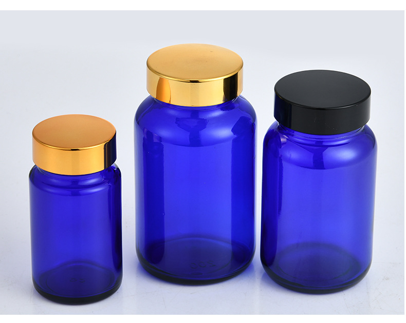 蓝色玻璃瓶广口小药瓶保健品胶囊药丸片剂粉末中药材人参切片密封