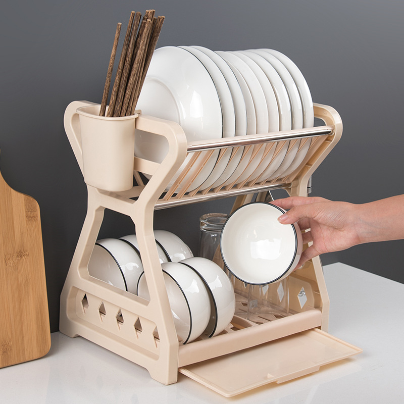 厨房沥水碗架 家用碗筷收纳双层置物架多功能厨房置地收纳整理架