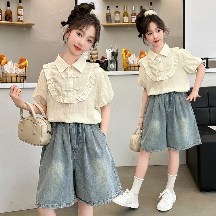 女孩的衣服女大童夏季童装俏皮风儿童牛仔中裤衬衫两件套跨境代发