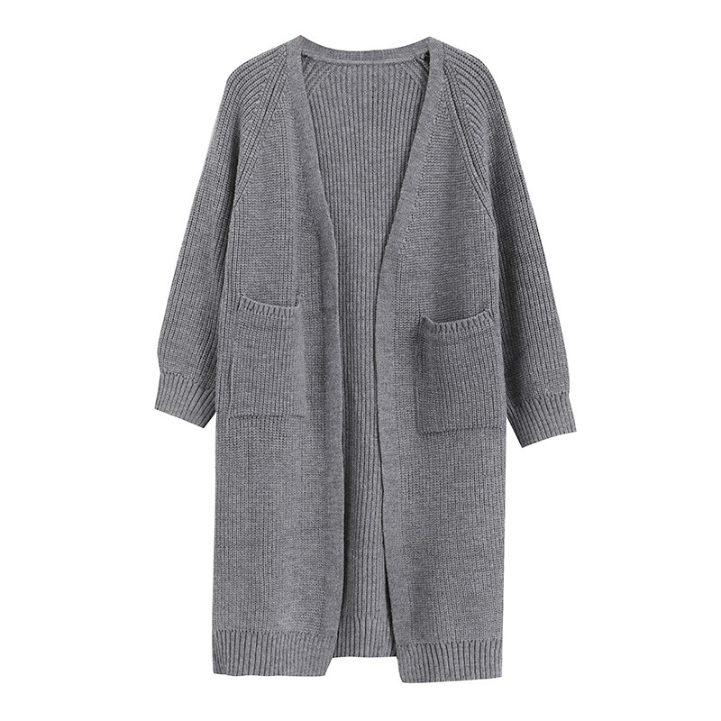 灰色毛衣开衫女中长款春夏2021新款韩版口袋宽松外穿针织外套上衣