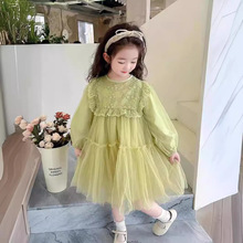 春季新款儿童长裙女宝宝洋气韩版童裙绿色刺绣长袖纱裙一件代发