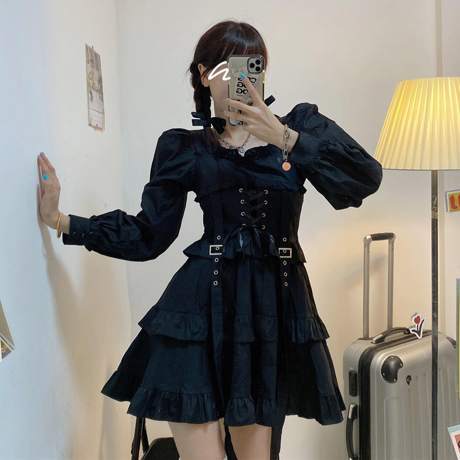 实拍  暗黑少女洛丽塔复古蛋糕长袖连衣裙 束腰绑带黑色小洋裙