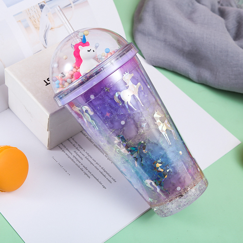 Micro Landscape Sliding Cover Colorful Cartoon Plastic Cup Outdoor Pony Water Cup with Straw Student Cute Summer Ice Glass