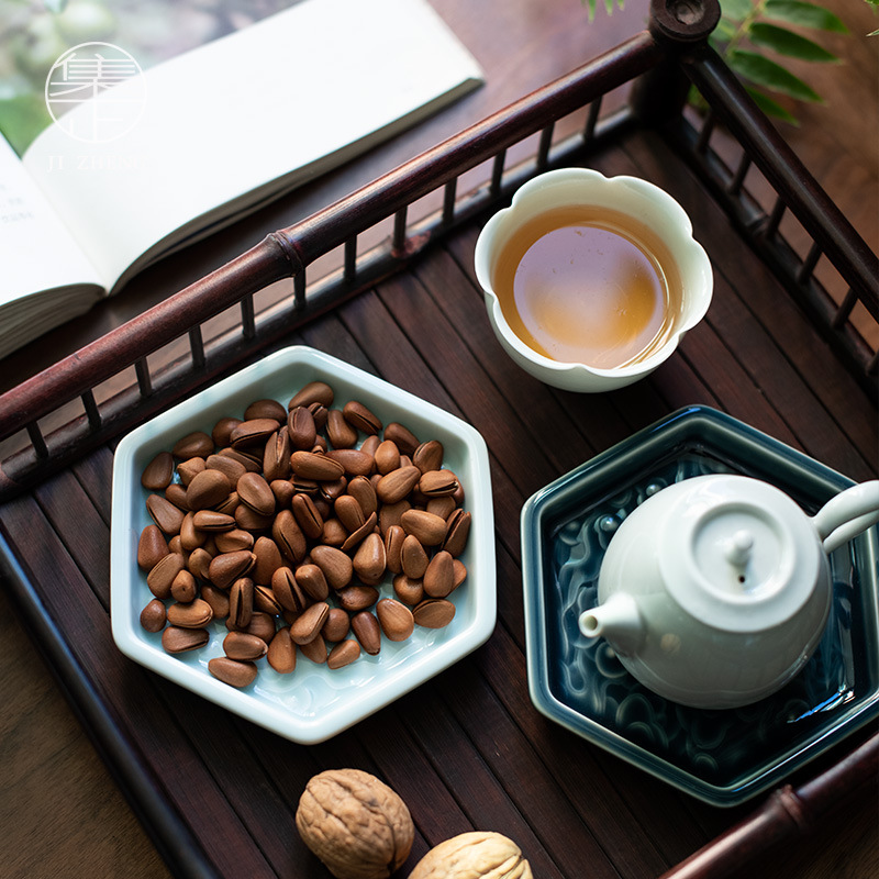 集正 茶道茶点碟 中式禅意浮雕云莲花陶瓷杯垫零食小菜果点小盘子