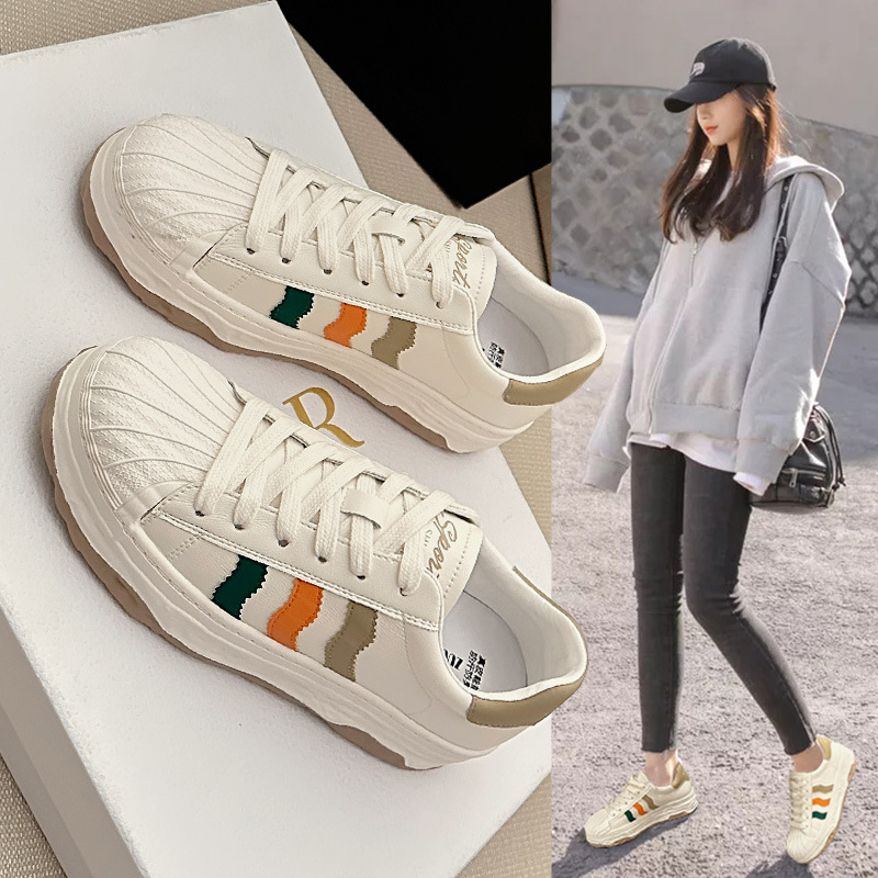 贝壳头透气板鞋女小白鞋春夏季新款系带时尚平底拼色休闲运动鞋子