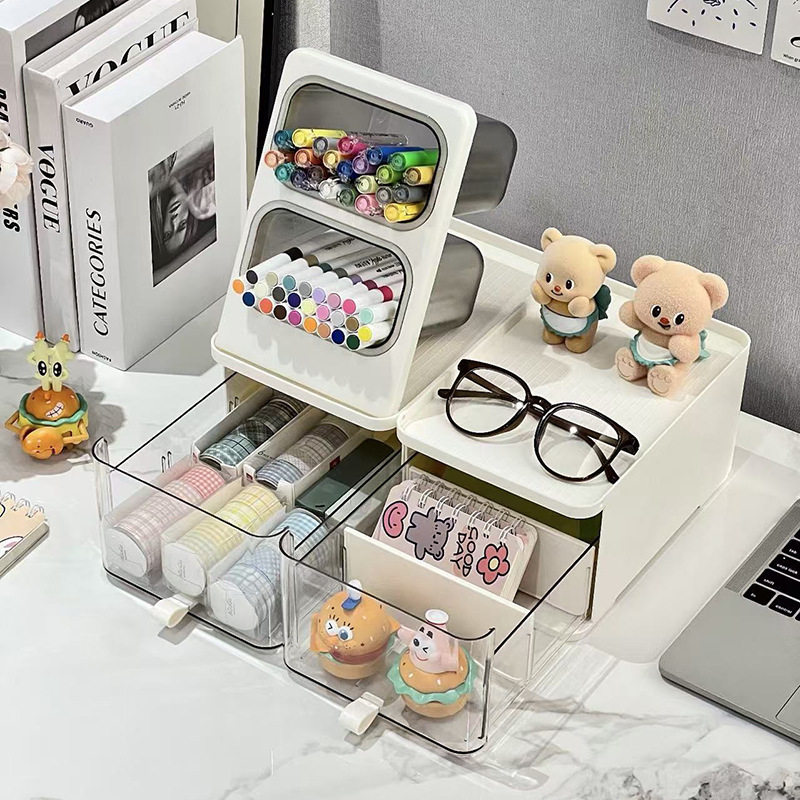 桌面收纳盒大容量抽屉式斜插笔筒学生办公室马克笔透明置物架批发