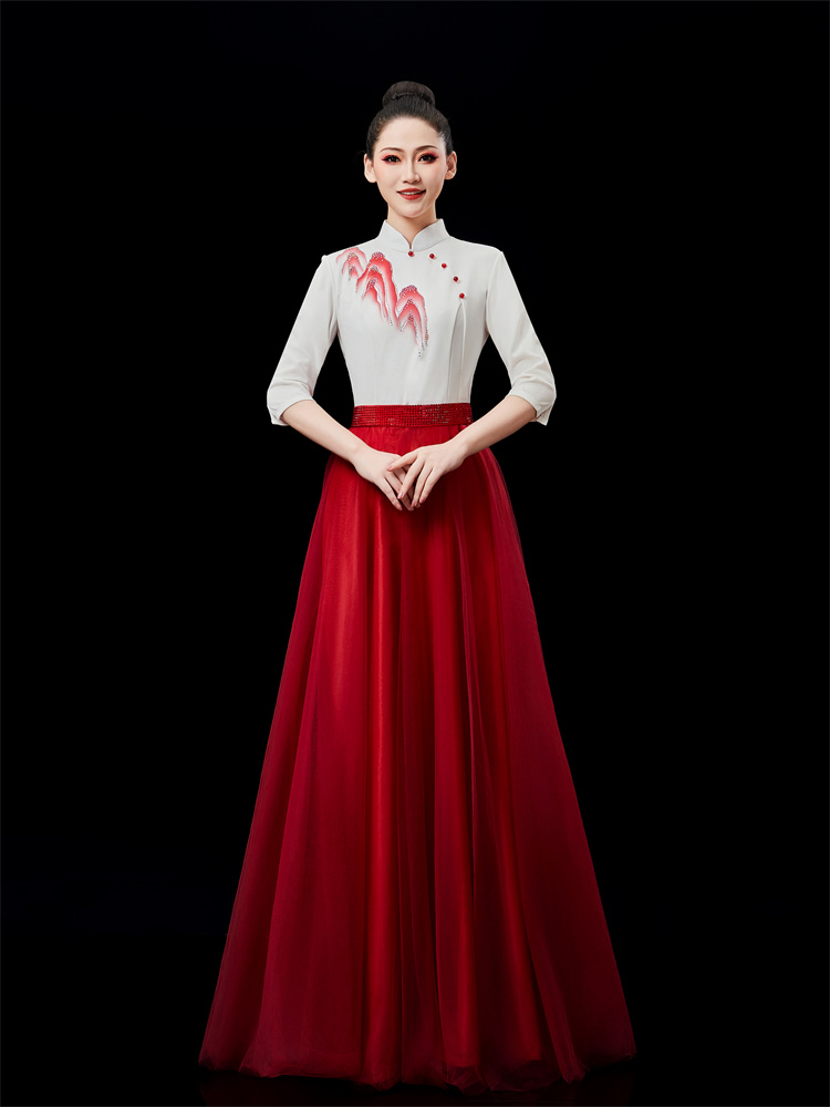 枫彩新款中国风大合唱团演出服女成人长裙学生歌伴舞红歌比赛中式