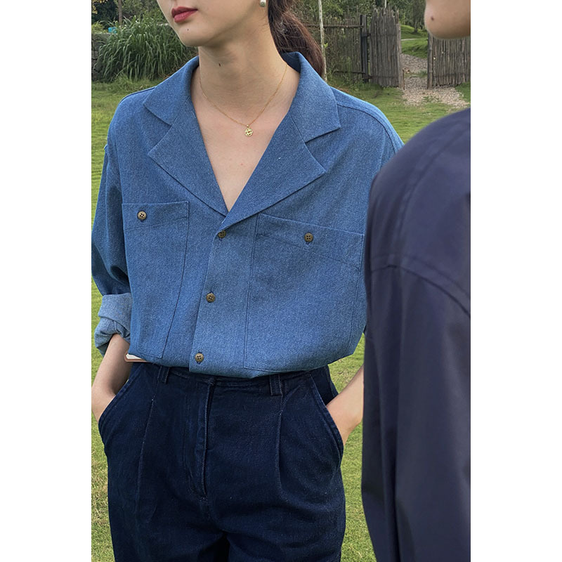 2021年棉单宁色古巴领外套式宽松衬衫女复古开衫上衣女气质秋季新