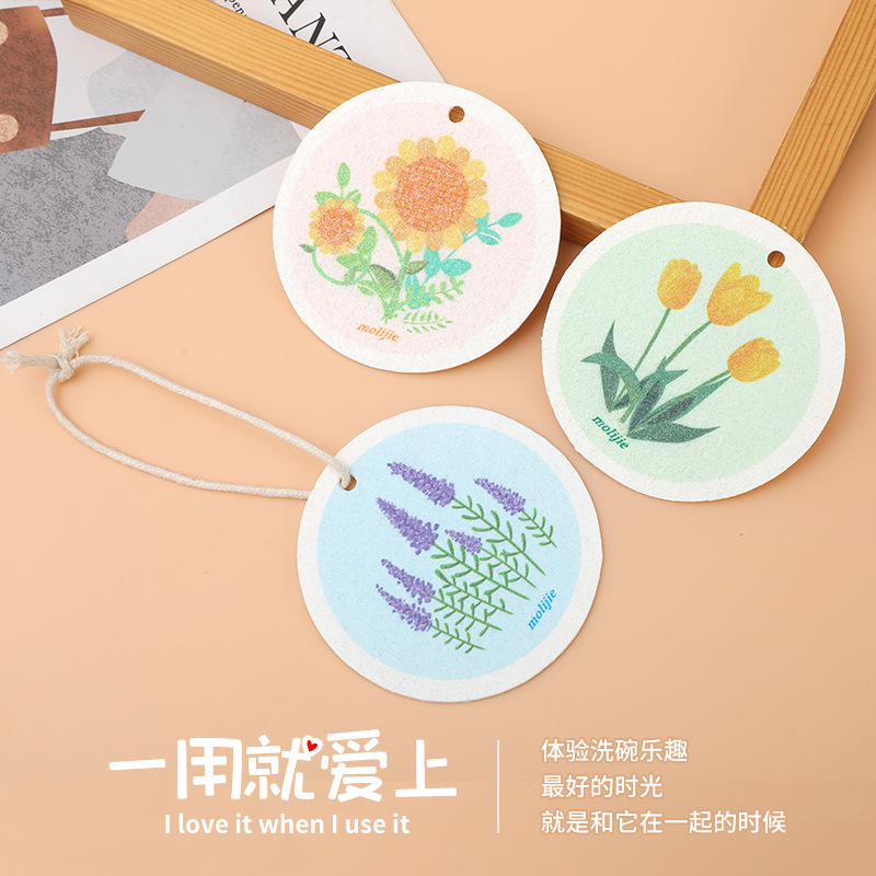 round Flower Compressed Wood Pulp Cotton Spong Mop Absorbent Wooden Paddle Sponge Manufacturer Kitchen Cartoon Rag Fabulous Dish Washing Product