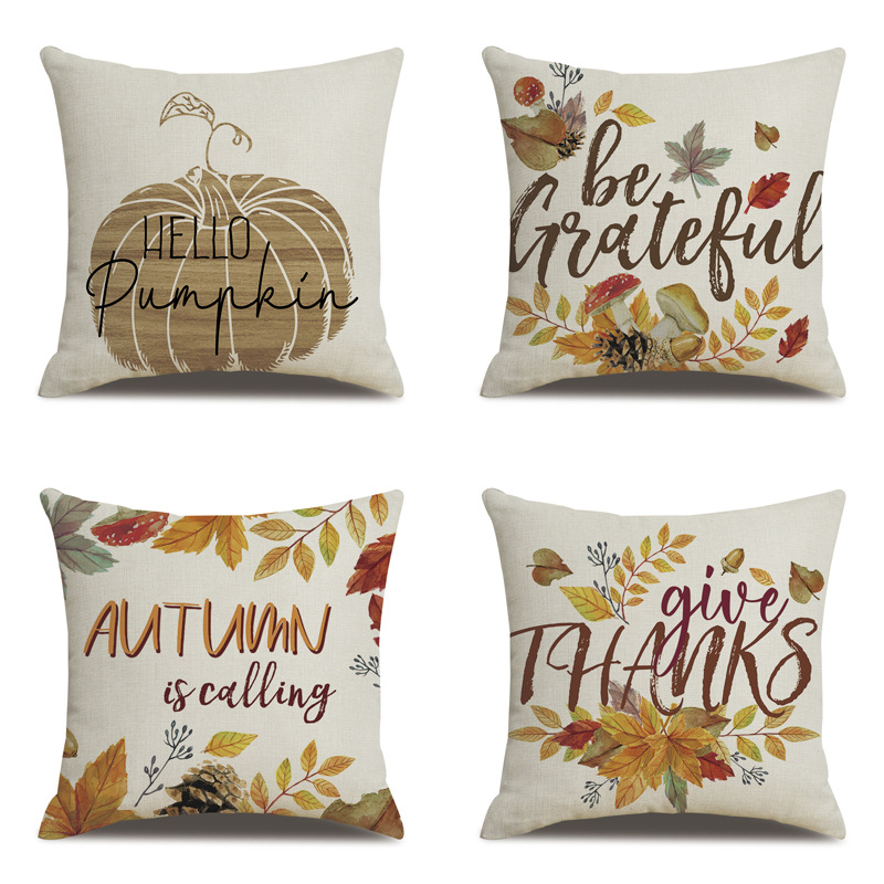 [Clothes] Thanksgiving Linen Pillow Cover Autumn Pumpkin Print Cross-Border Supply Pillow Cushion Cover