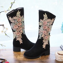 棉靴  女长筒高靴 夹棉加绒冬季麂皮绒重工刺绣花朵绣花布靴