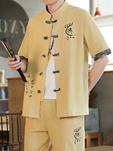 中国风男士t恤短袖2024新款成熟套装穿搭中式棉麻上衣夏天汗衫男