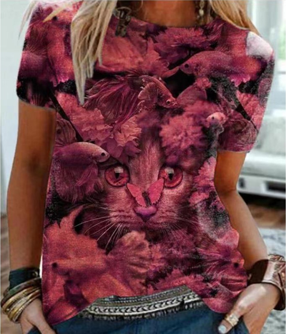 2021跨境欧美动物图案印花圆领套头短袖t恤女装