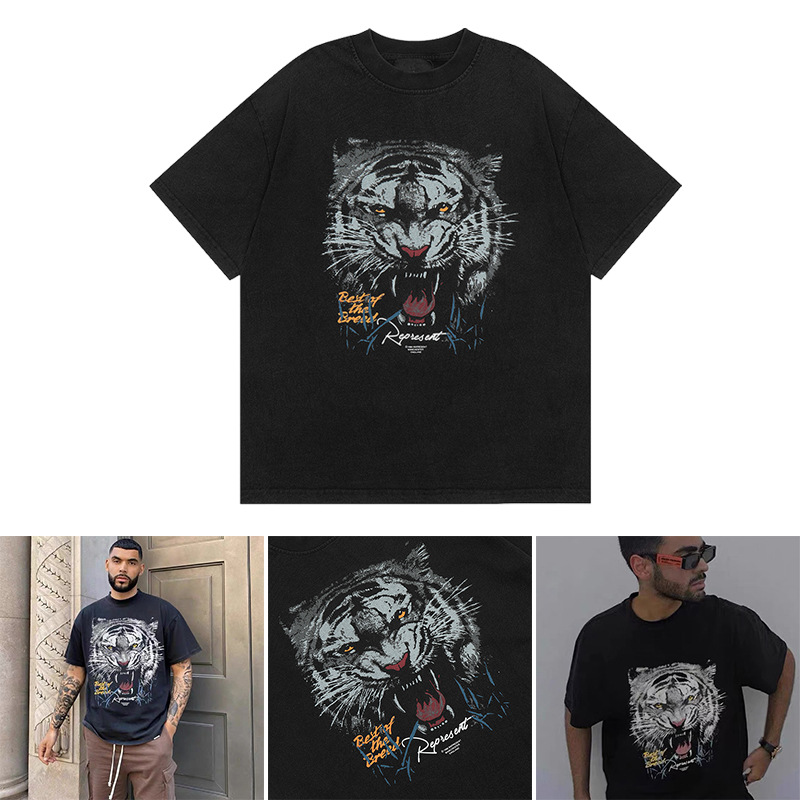 represent美式潮牌复古洗水做旧印花老虎头宽松vtg纯棉短袖t恤男