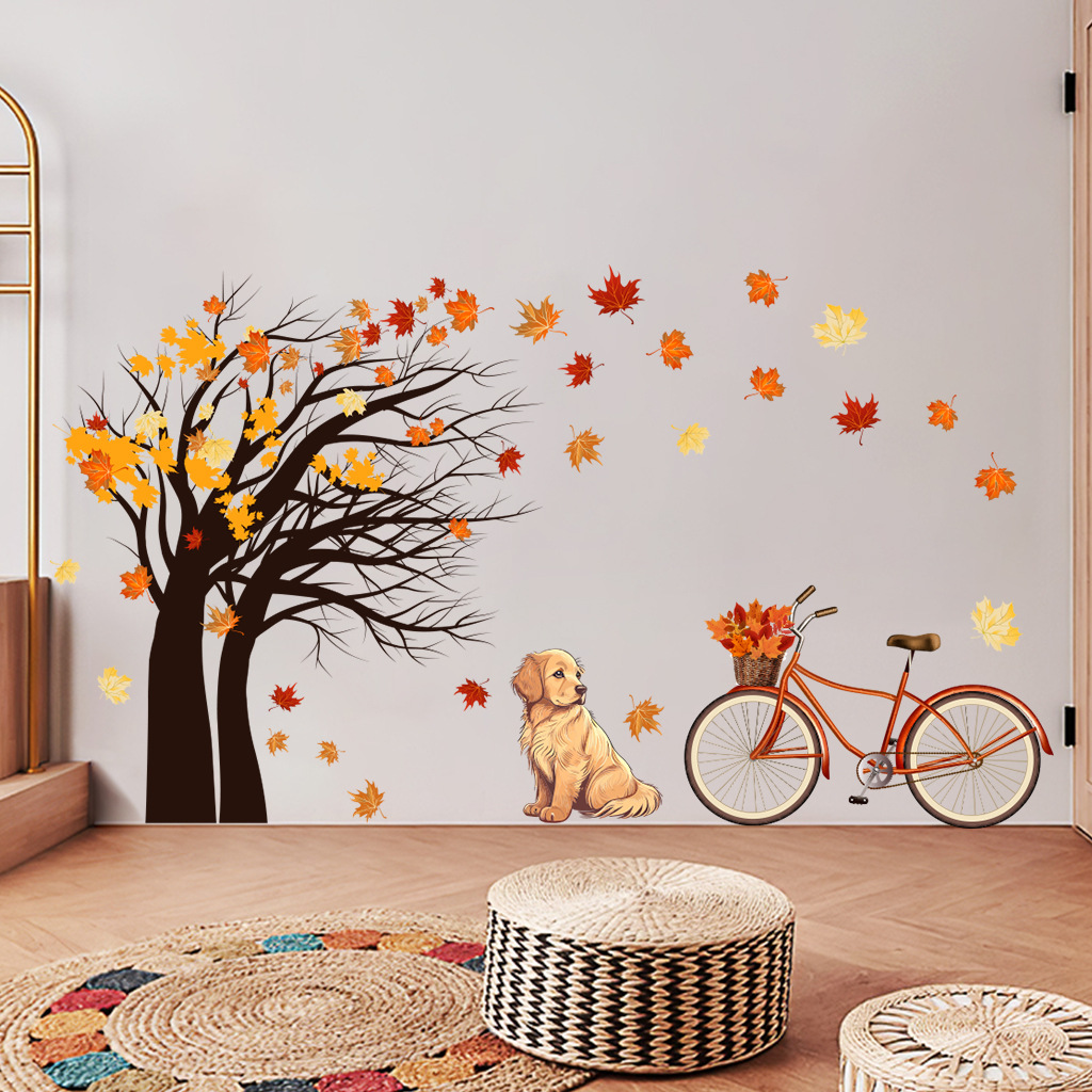 大树枫叶小狗自粘贴画装饰贴纸 n1606跨境定 制丰收节客厅装饰墙