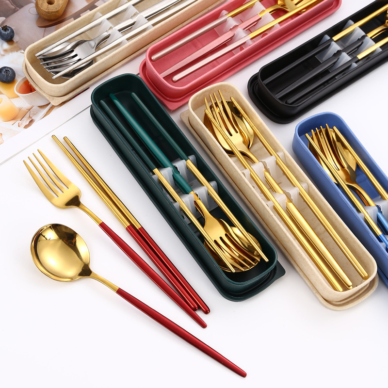 Stainless Steel Portuguese Portable Tableware Three-Piece Set Student Picnic Convenient Chopsticks Spoon Kit Amazon Hot