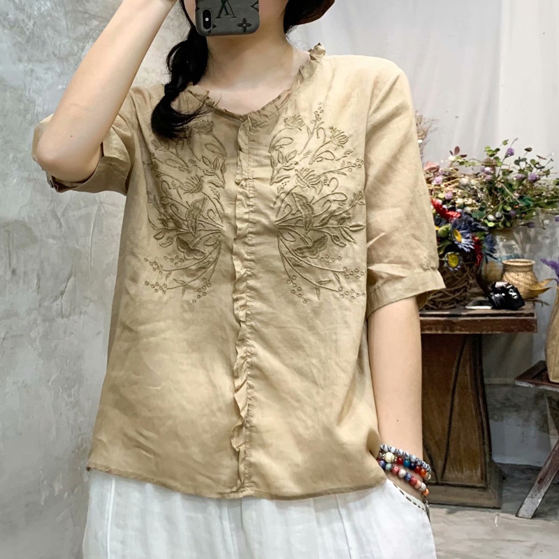 苎麻上衣女夏刺绣亚麻打底衫女高端小衫短款上衣圆领t恤女短袖