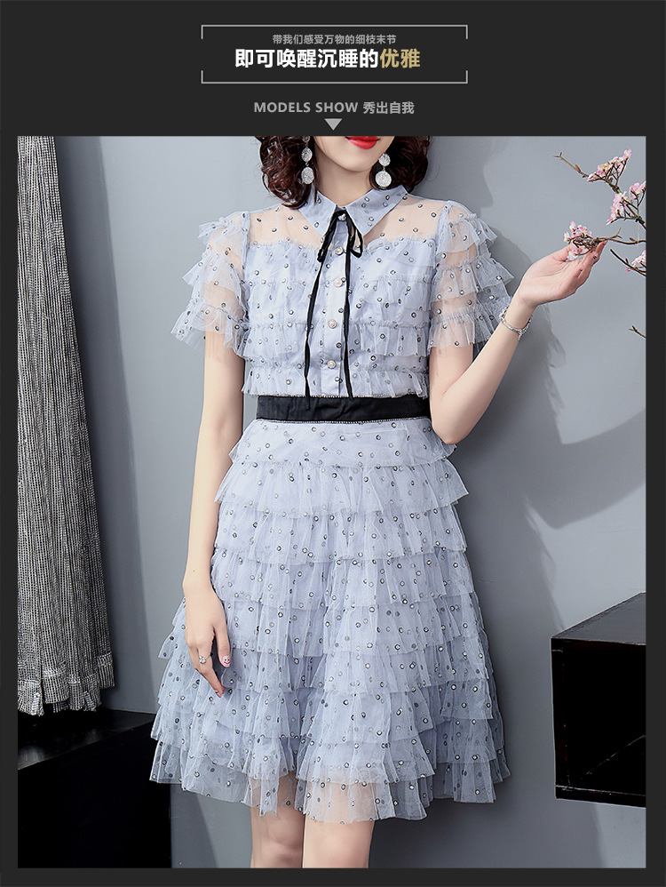 甜美气质娃娃领订钻腰层层蛋糕波点蕾丝连衣裙公主裙女夏款211302